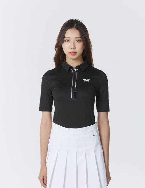 [PXG] 여성 골프웨어 더블 스타이프 트림 폴로 카라 반팔 티셔츠 블랙